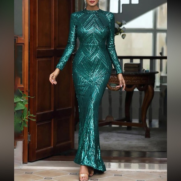 Luxe mermaid hem long sleeve sequins party dress
